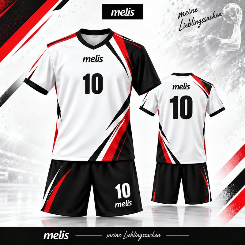 フィールドプレイヤー用。白・黒・赤の半袖シャツと黒のハーフパンツ。melisロゴと番号10を配置した前後のデザインイメージ